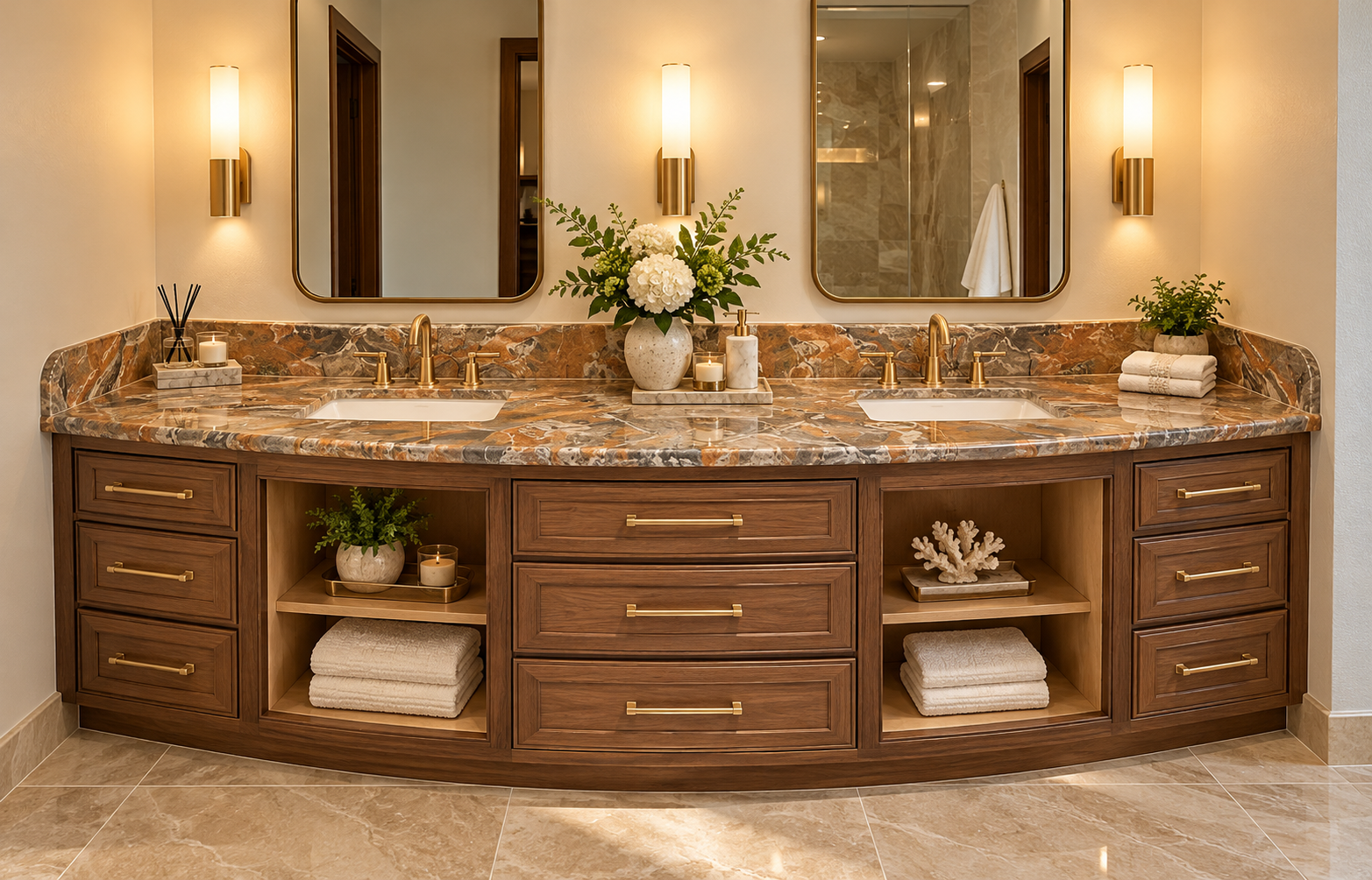 Quartz double-vanity countertop in luxury bathroom, Houston