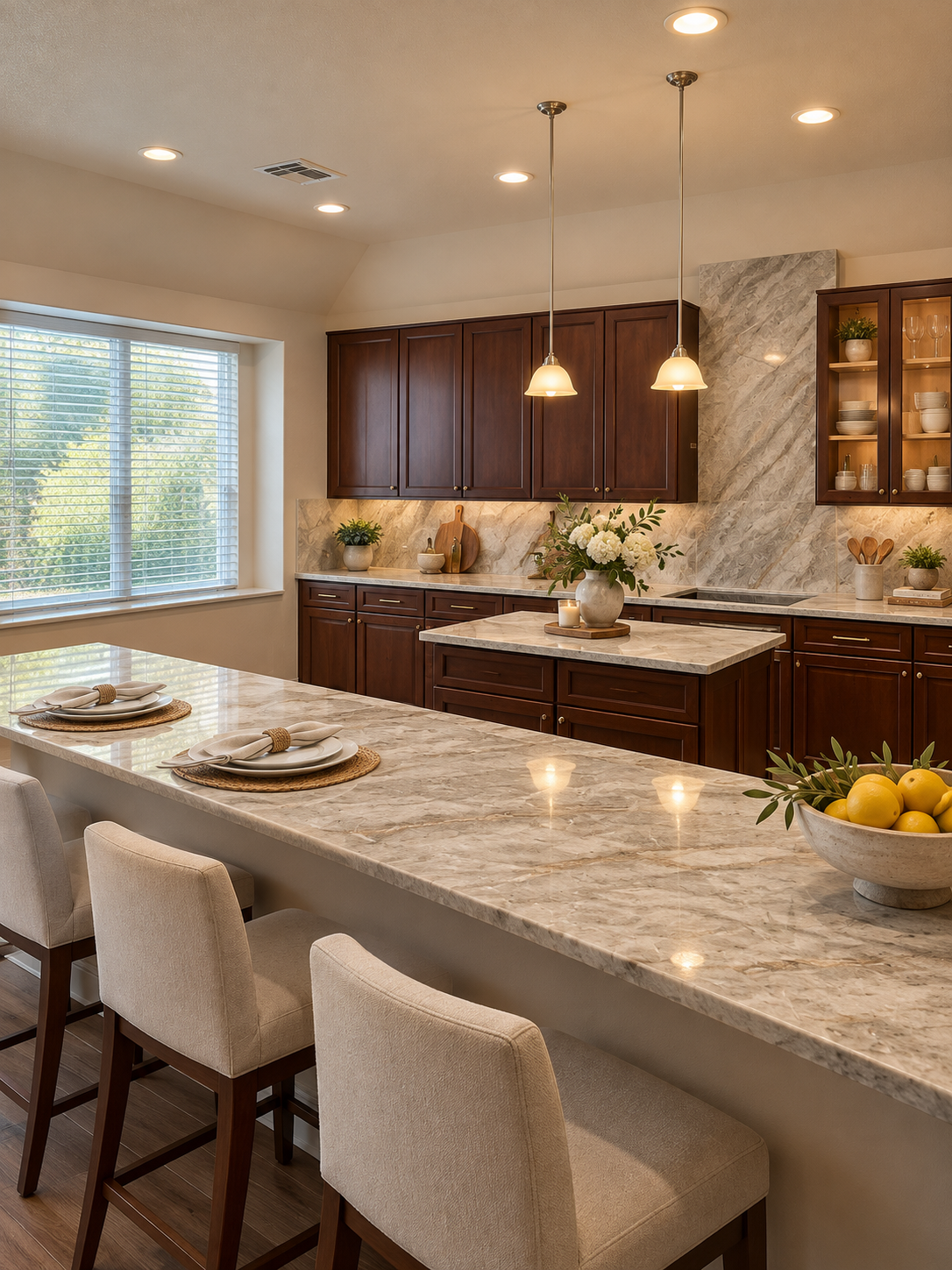 White quartz kitchen island with bar seating, Houston